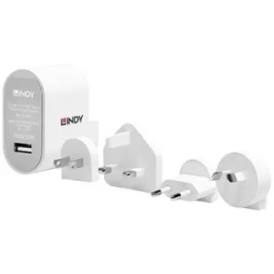 LINDY 73304 Travel charger Mains socket Max. output current 2.4 A 1 x USB-A incl. AUS adapter, incl. Europe adapter, incl. UK adapter, incl. US adapte