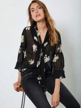 Mint Velvet Mint Velvet Clara Floral Print Tie Neck Lantern Sleeve Blouse, Black, Size 12, Women