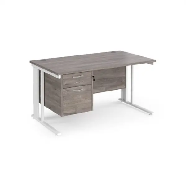 Maestro 25 straight desk 1400mm x 800mm with 2 drawer pedestal - white cable managed leg frame, grey oak top