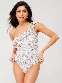 PIECES Ruffle Floral One Shoulder Swimsuit -multi, Multi, Size S, Women