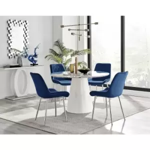 Furniturebox Palma White Marble Effect 120cm Round Minimalist Dining Table & 4 Navy Pesaro Silver Leg Velvet Chairs