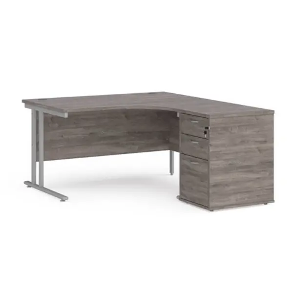 Office Desk Right Hand Corner Desk 1400mm With Pedestal Grey Oak Top With Silver Frame Maestro 25