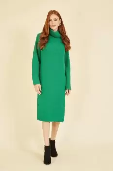 Green Roll Neck Knitted Midi Jumper Dress