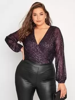 Yours Sequin Mesh Bodysuit - Purple, Purple, Size 16, Women