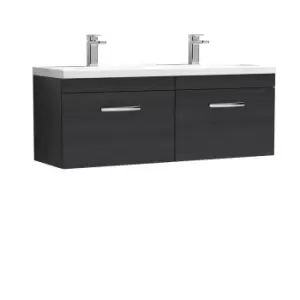 Nuie Athena 1200 Wall Hung 2-drawer Vanity & Ceramic Double Basin - Black Woodgrain