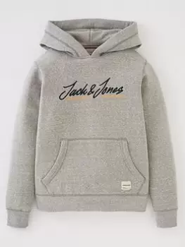 Jack & Jones Junior Boys Script Embroidered Logo Hoodie - Light Grey Marl Size 10 Years