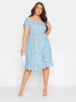 Yours Shirred Bardot Midi Dress Blue Ditsy, Blue, Size 24, Women