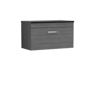 Nuie Athena 800 Wall Hung Single Drawer Vanity & Sparkling Black Worktop - Grey Woodgrain