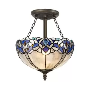 3 Light Semi Flush Ceiling E27 With 30cm Tiffany Shade, Blue, Clear Crystal, Aged Antique Brass - Luminosa Lighting