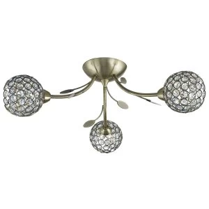 3 Light Semi Flush Multi Arm Ceiling Light Antique Brass and Glass, G9