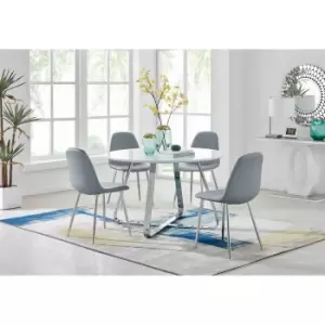 Furniture Box Santorini White Round Dining Table and 4 Grey Corona Silver Leg Chairs