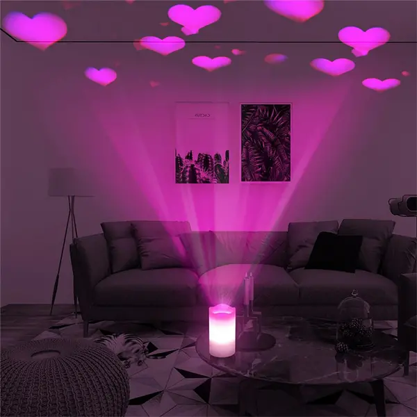 LED Artificial Flameless Candle with Pink Heart Projector Light, Dimmable Brightness and Timer ELV-154464