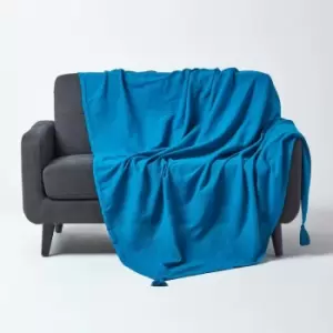 Cotton Rajput Ribbed Teal Throw, 150 x 200cm - Blue - Homescapes