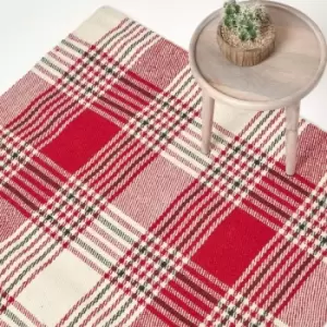 Walker Red Tartan Check Non-Slip 100% Wool Rug, 70 x 120cm - Red - Homescapes