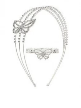 Monsoon Girls Diamante Butterfly Stretch Bracelet And Hairband - Silver