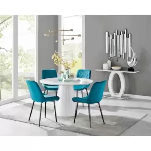 Furniture Box Palma White High Gloss Round Dining Table and 4 Blue Pesaro Black Leg Chairs