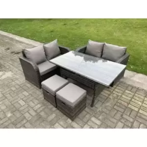 Fimous 4 Seater Outdoor Dark Grey Rattan Lounge Complete Sofa Set with Rectangular Dining Table and 2 Stools