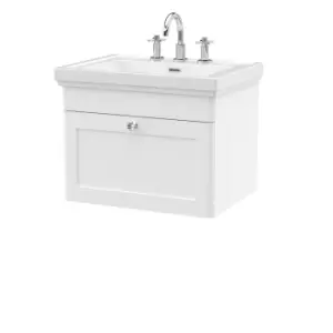 Nuie Classique 600mm Wall Hung 1-drawer Unit & Basin 3 Tap Holes - Satin White