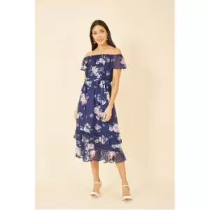 Yumi Navy Floral Bardot Midi Dress - Blue
