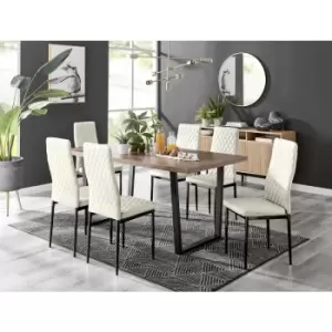 Furniturebox UK - Furniturebox Kylo Brown Wood Effect Dining Table & 6 Cream Milan Velvet Dining Chairs With Black Legs Diamond Stitch Modern