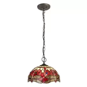 3 Light Downlighter Ceiling Pendant E27 With 30cm Tiffany Shade, Purple, Pink, Crystal, Aged Antique Brass - Luminosa Lighting