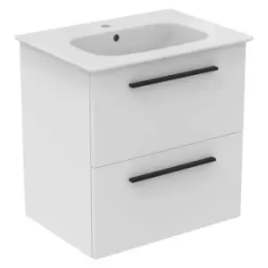 Ideal Standard I.life A 60Cm Matt White Wall Hung Vanity Unit, 64Cm White Vanity Basin And Black Handle Pack