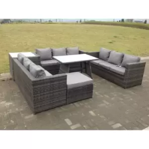 Fimous 9 Seater Outdoor Rattan Lounge Sofa Complete Set with Oblong Dining Table, Side Coffee Table, and Big Footstool