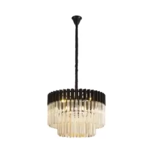 Poland Ceiling Pendant Round 8 Light E14, Matt Black, Cognac Sculpted Glass, Item Weight: 17.3kg