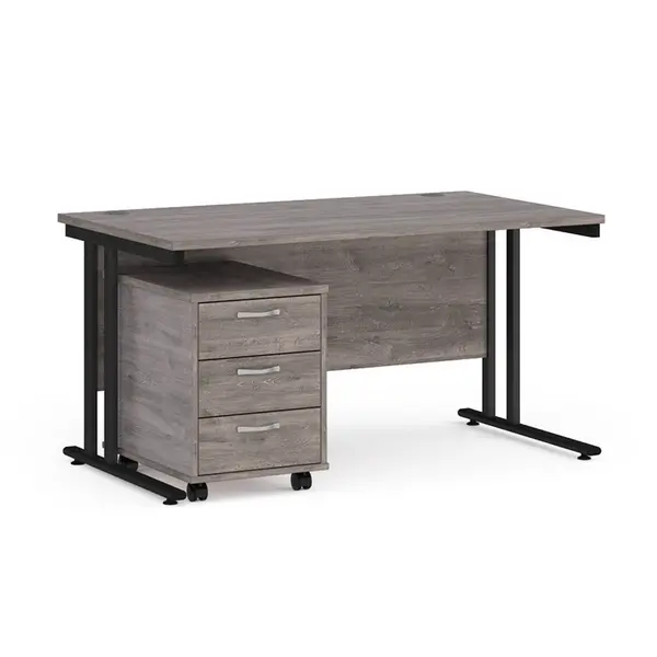 Maestro 25 Straight Desk Black Frame Grey Oak Table Top and 3 Drawer Pedestal - 1400mm