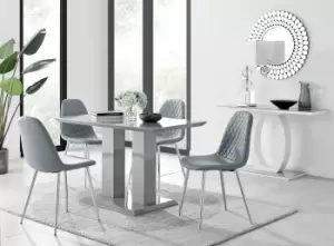 Imperia Grey High Gloss 4 Seater Dining Table with Structural 2 Plinth Column Legs 4 Soft Faux Leather Corona Silver Leg Chairs