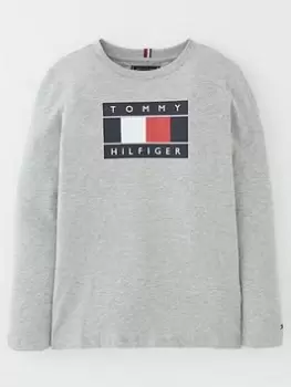 Tommy Hilfiger Boys Global Stripe Flag Long Sleeve T-Shirt - Light Grey Marl Size 12 Years