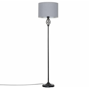 Traditional Black Barley Twist Floor Lamp + Cylinder Light Shade - Grey - No Bulb