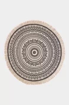 Black & White 100% Cotton Mandala Printed Round Rug