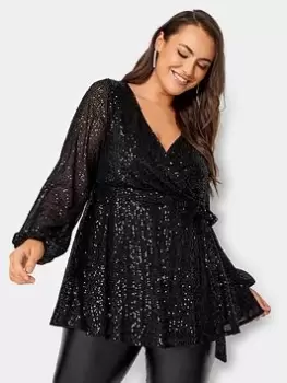 Yours Sequin Long Sleeve Wrap Top, Black, Size 16, Women