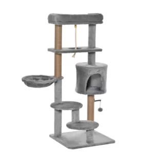 PawHut Cat Tree Tower 120cm Climbing Kitten Activity Center with Jute Scratching Post Perch Hanging Ball Hammock Teasing Rope Condo Toy Light Grey