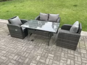 Fimous 4 Seater Outdoor Dark Grey PE Rattan Lounge Complete Sofa Set with Reclining Chair