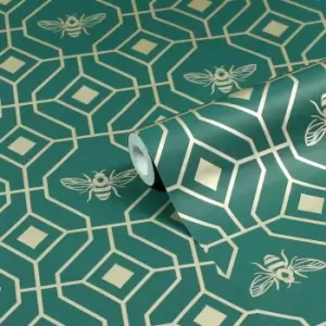 Bee Deco Gold Foil Wallpaper Emerald