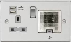 Knightsbridge 13A Socket, USB chargers (2.4A), & Bluetooth Speaker - Square Edge Brushed Chrome with grey insert - CS9905BCG