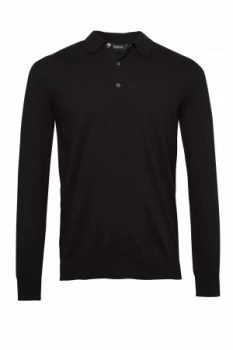 Mens French Connection Stretch Cotton Long Sleeve Polo Shirt Black