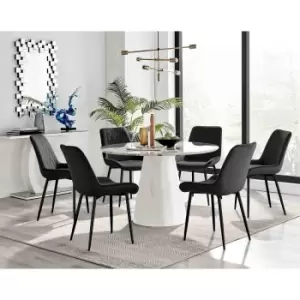 Furniture Box Palma White Marble Effect Round Dining Table and 6 Black Pesaro Black Leg Chairs