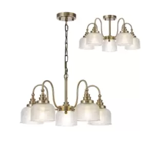 DeRuyter Semi Flush, Ceiling Pendant, 5 Light E27, Antique Brass, Prismatic Glass