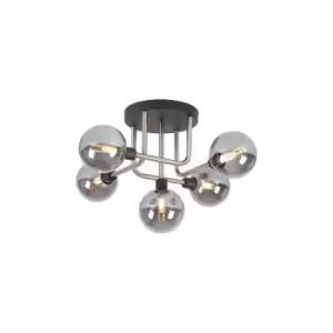 Humphrey Flush Ceiling Lamp, 5 Light G9, Graphite, Satin Nickel, Smoke Glass