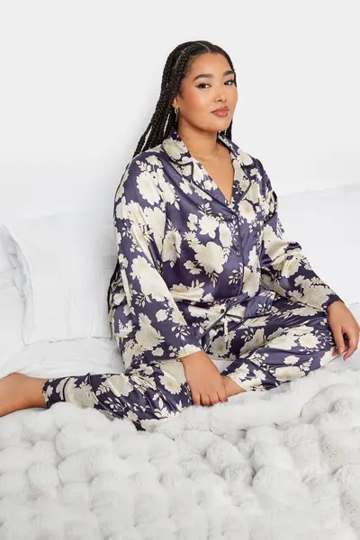 Yours Printed Satin Pyjama Set Purple