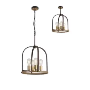 Goshen Ceiling Pendant Round 4 Light E27, Antique Bronze, Brown Oxide, Wood