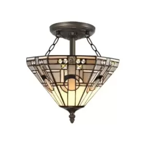 2 Light E27 Semi Flush Ceiling With Tiffany Shade 30cm Shade, White, Grey, Black, Clear Crystal, Aged Antique Brass - Luminosa Lighting