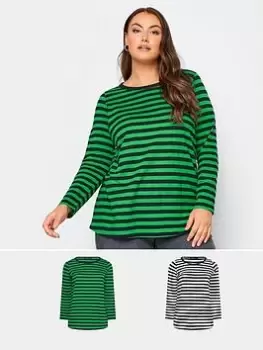 Yours Long Sleeve Stripe Tee 2 Pack Green Black/mono, Green, Size 16, Women