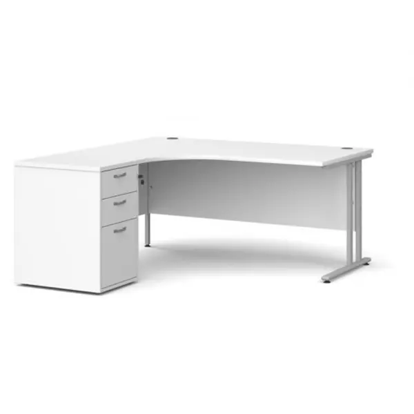 Office Desk Left Hand Corner Desk 1600mm With Pedestal White Top With Silver Frame Maestro 25