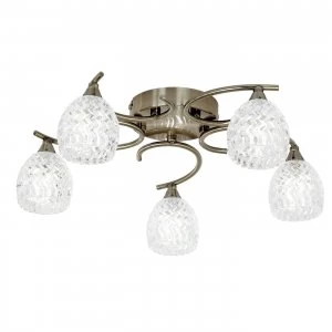 5 Light Semi Flush Multi Arm Ceiling Light Antique Brass, Glass, G9