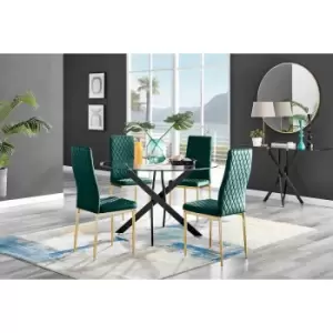 Furniture Box Novara Black Leg 120Cm Round Glass Dining Table and 4 Green Velvet Milan Gold Leg Chairs