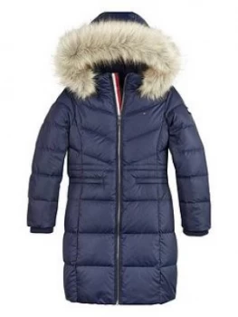 Tommy Hilfiger Girls Longline Down Faux Fur Trim Hooded Coat - Navy